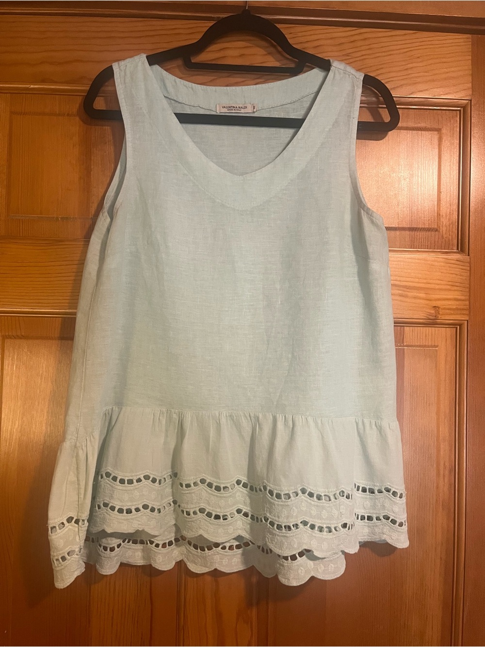 Valentina Naldi Italy M Seafoam Linen Tunic Top Eyelet Ruffle Hem